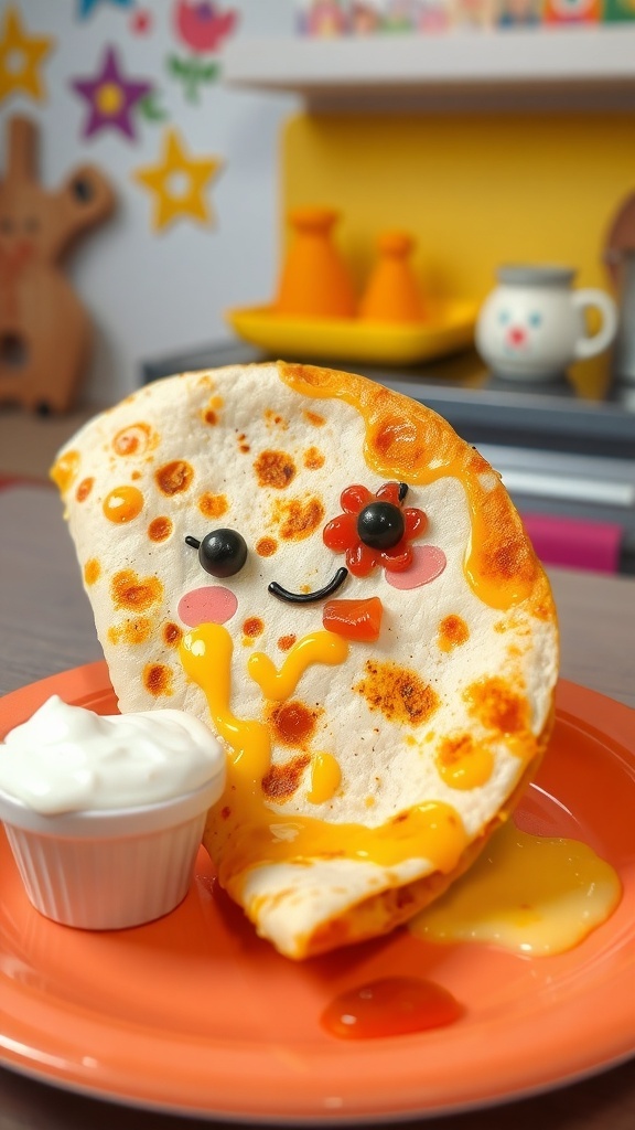 Kawaii Quesadilla Recipe A kawaii quesadilla with a happy face, served with dipping sauces on a colorful plate.
